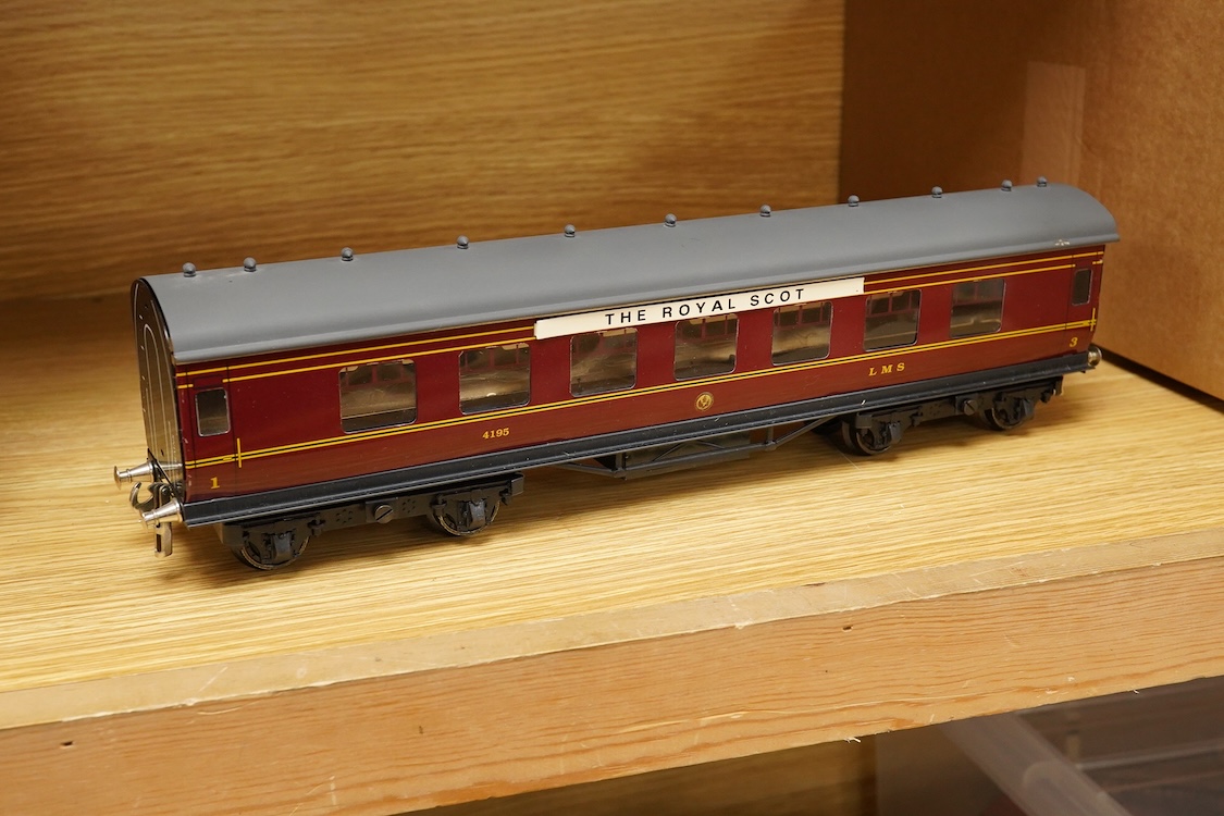 Four ACE Trains 0 gauge tinplate coaches; a boxed C/1 HRCA Brake Second, two boxed C/3 coach kits - a 3/3rd and a 3rd Brk., together with an unboxed LMS First Third composite